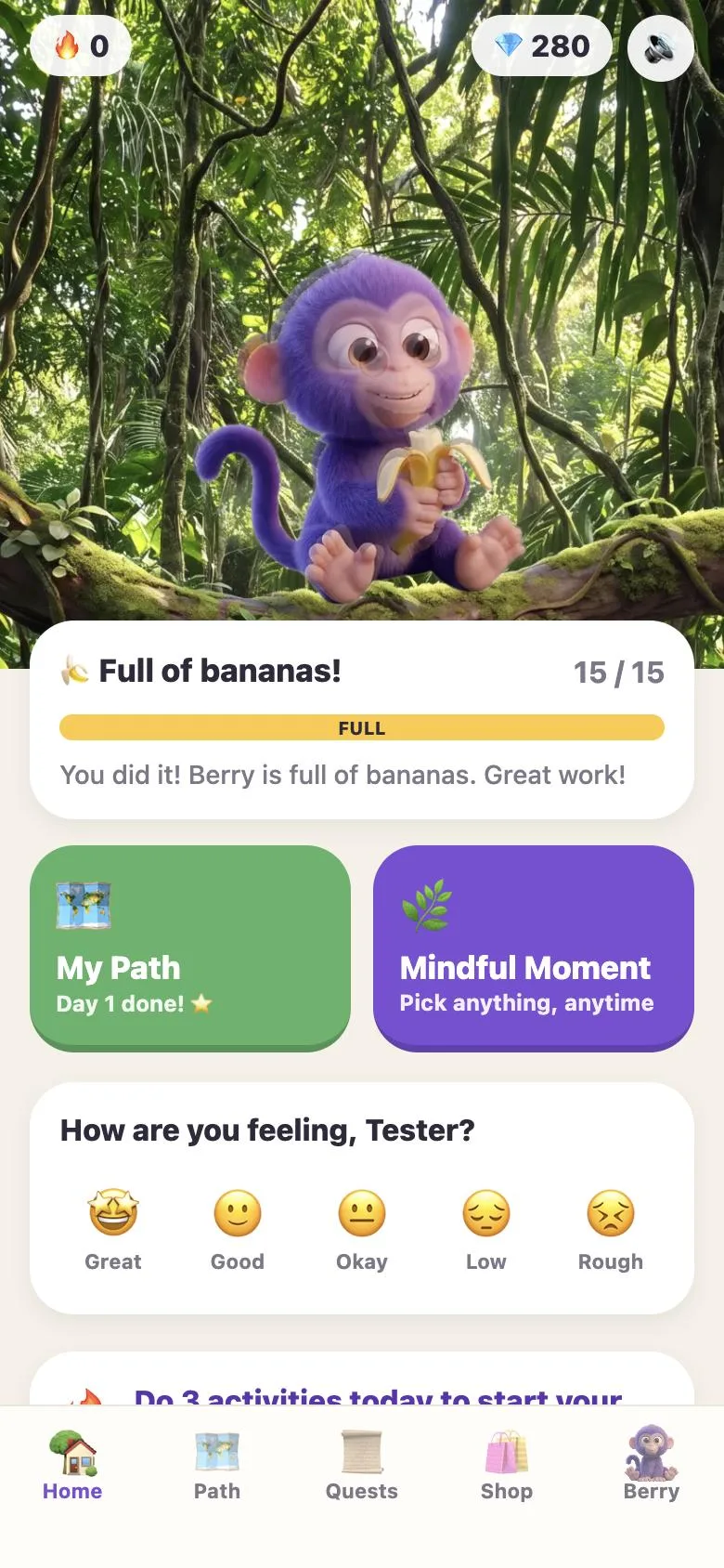 Home screen: Berry eating a banana above a full banana meter and a feelings check-in